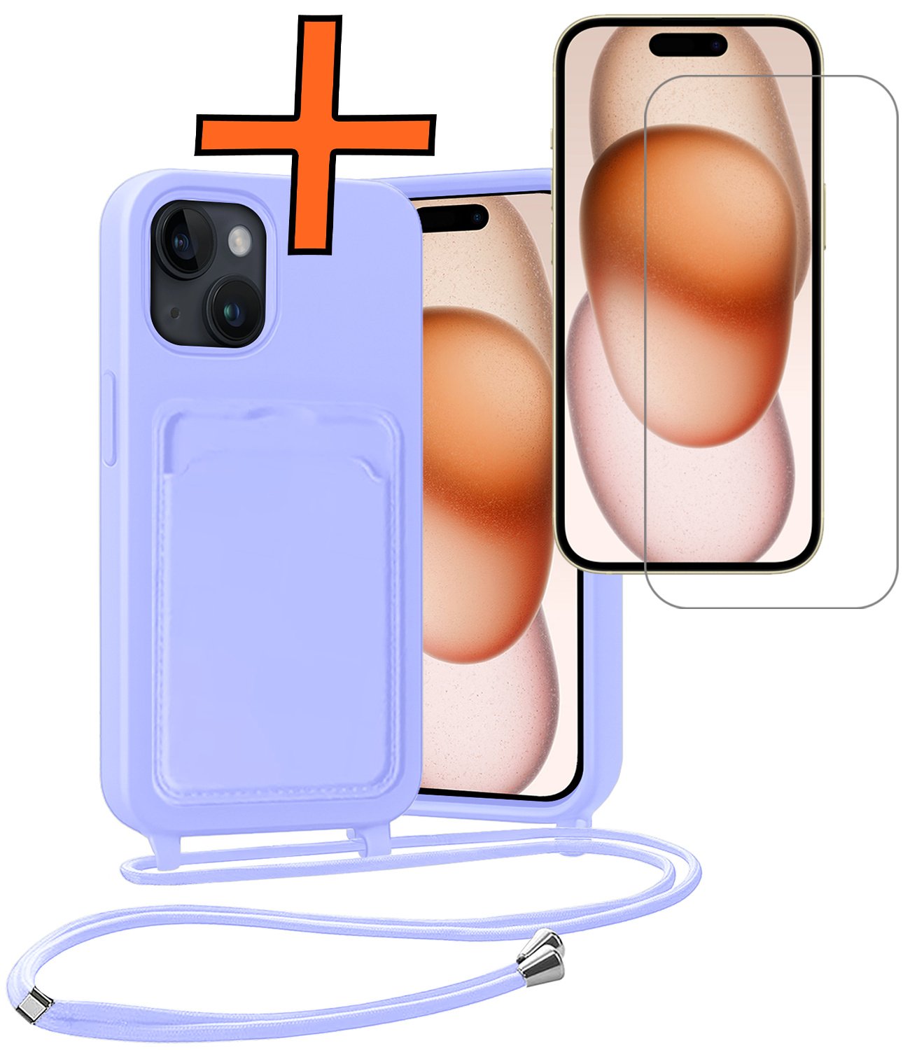 Nomfy Nomfy iPhone 15 Hoesje Pashouder met Koord Met Screenprotector - Lila