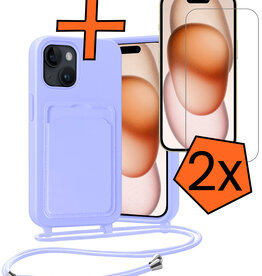 Nomfy Nomfy iPhone 15 Hoesje Pashouder met Koord Met 2x Screenprotector - Lila
