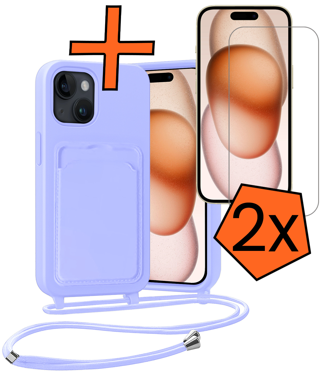 Nomfy Nomfy iPhone 15 Hoesje Pashouder met Koord Met 2x Screenprotector - Lila