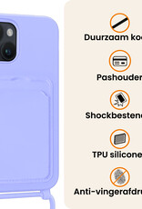 Nomfy Nomfy iPhone 15 Hoesje Pashouder met Koord Met 2x Screenprotector - Lila