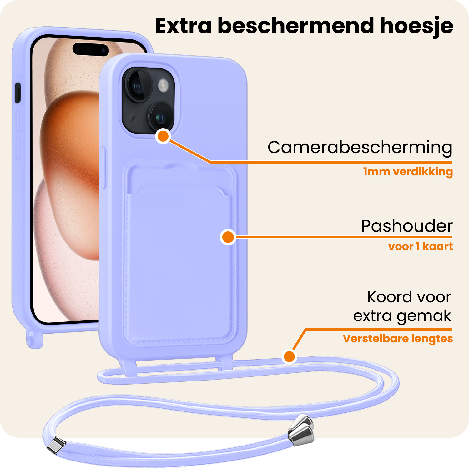 Nomfy Nomfy iPhone 15 Hoesje Pashouder met Koord Met 2x Screenprotector - Lila