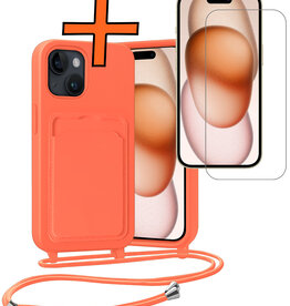 Nomfy Nomfy iPhone 15 Hoesje Pashouder met Koord Met Screenprotector - Papaya