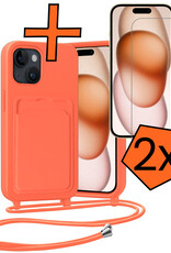 Nomfy Nomfy iPhone 15 Hoesje Pashouder met Koord Met 2x Screenprotector - Papaya