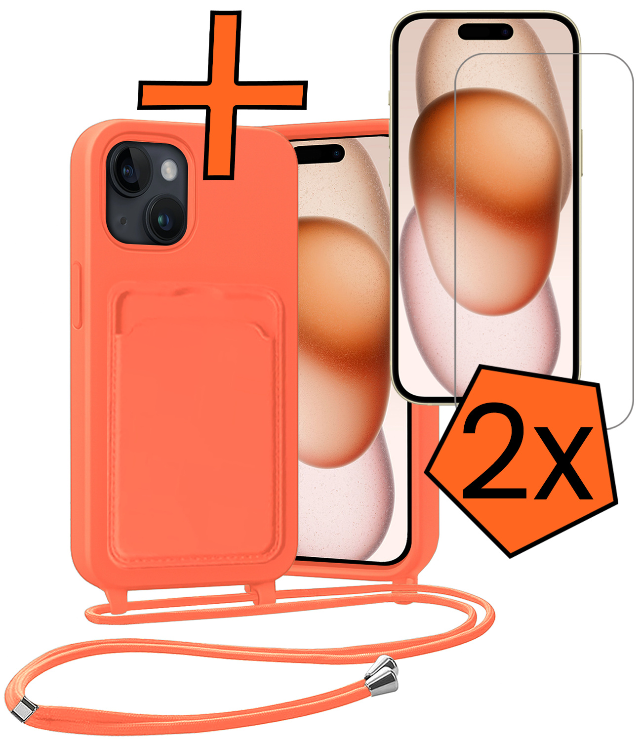 Nomfy Nomfy iPhone 15 Hoesje Pashouder met Koord Met 2x Screenprotector - Papaya