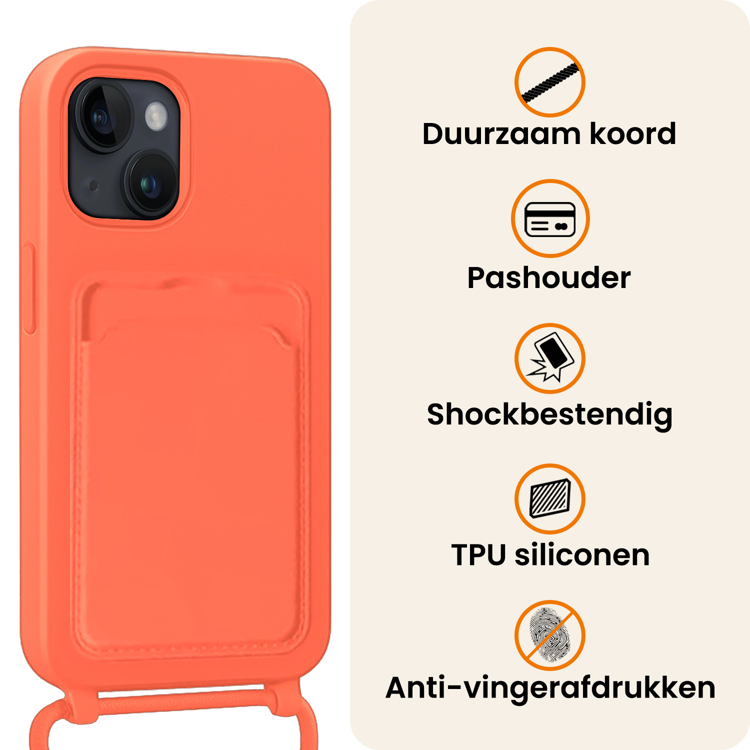 Nomfy Nomfy iPhone 15 Hoesje Pashouder met Koord Met 2x Screenprotector - Papaya