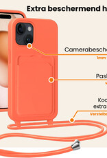 Nomfy Nomfy iPhone 15 Hoesje Pashouder met Koord Met 2x Screenprotector - Papaya
