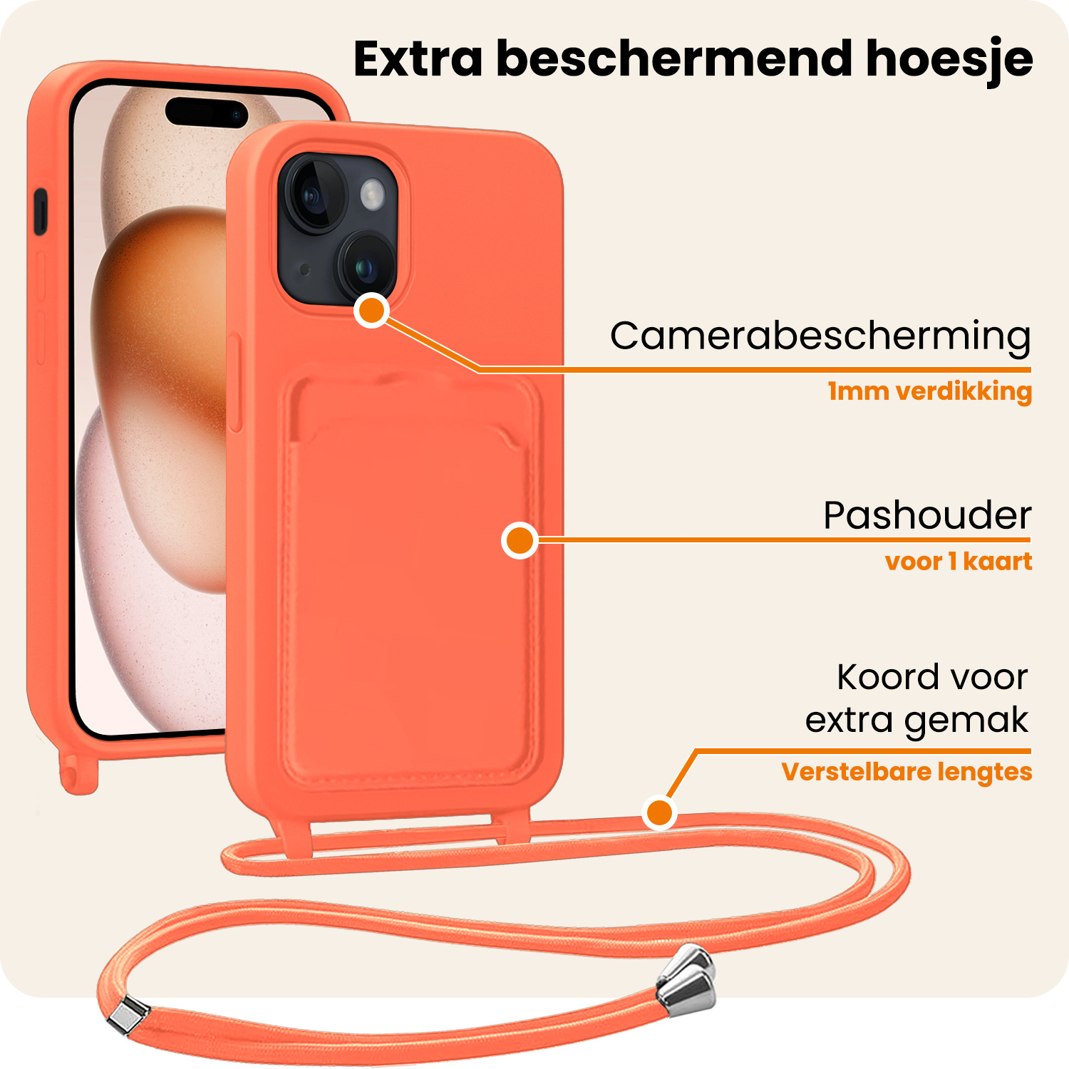 Nomfy Nomfy iPhone 15 Hoesje Pashouder met Koord Met 2x Screenprotector - Papaya