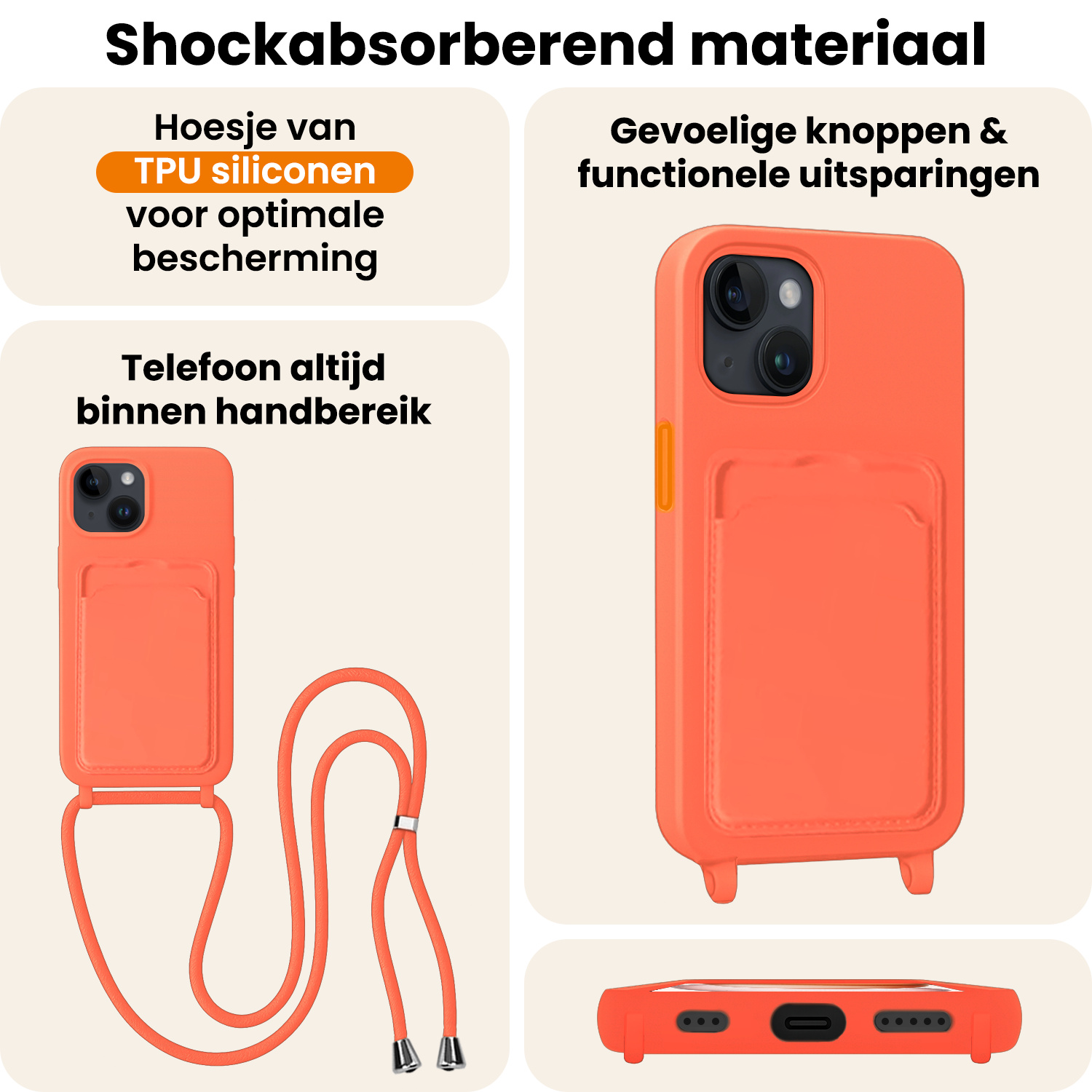 Nomfy Nomfy iPhone 15 Hoesje Pashouder met Koord Met 2x Screenprotector - Papaya