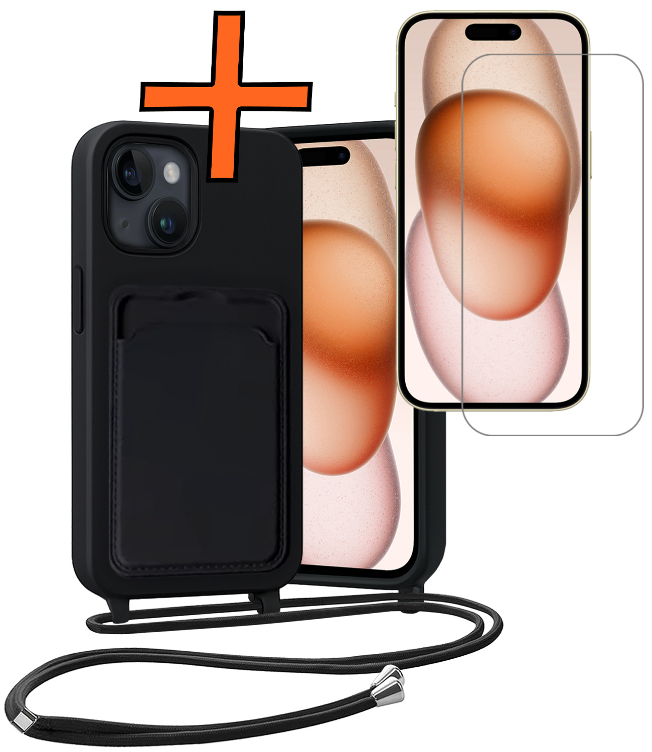 Nomfy Nomfy iPhone 15 Hoesje Pashouder met Koord Met Screenprotector - Zwart