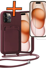 Nomfy Nomfy iPhone 15 Pro Hoesje Pashouder met Koord Met Screenprotector - Aubergine