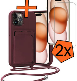 Nomfy Nomfy iPhone 15 Pro Hoesje Pashouder met Koord Met 2x Screenprotector - Aubergine