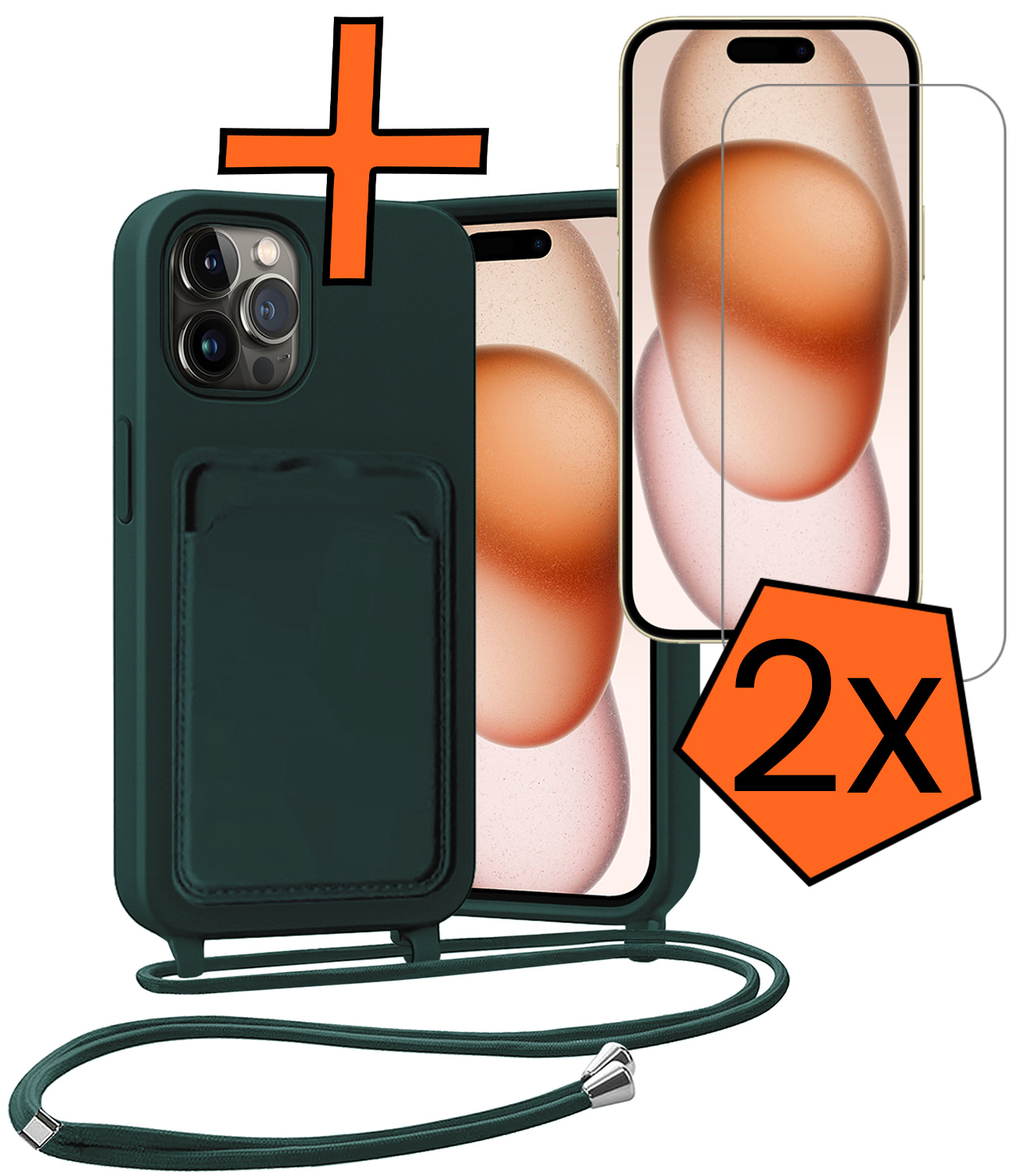 Nomfy Nomfy iPhone 15 Pro Hoesje Pashouder met Koord Met 2x Screenprotector - Donkergroen