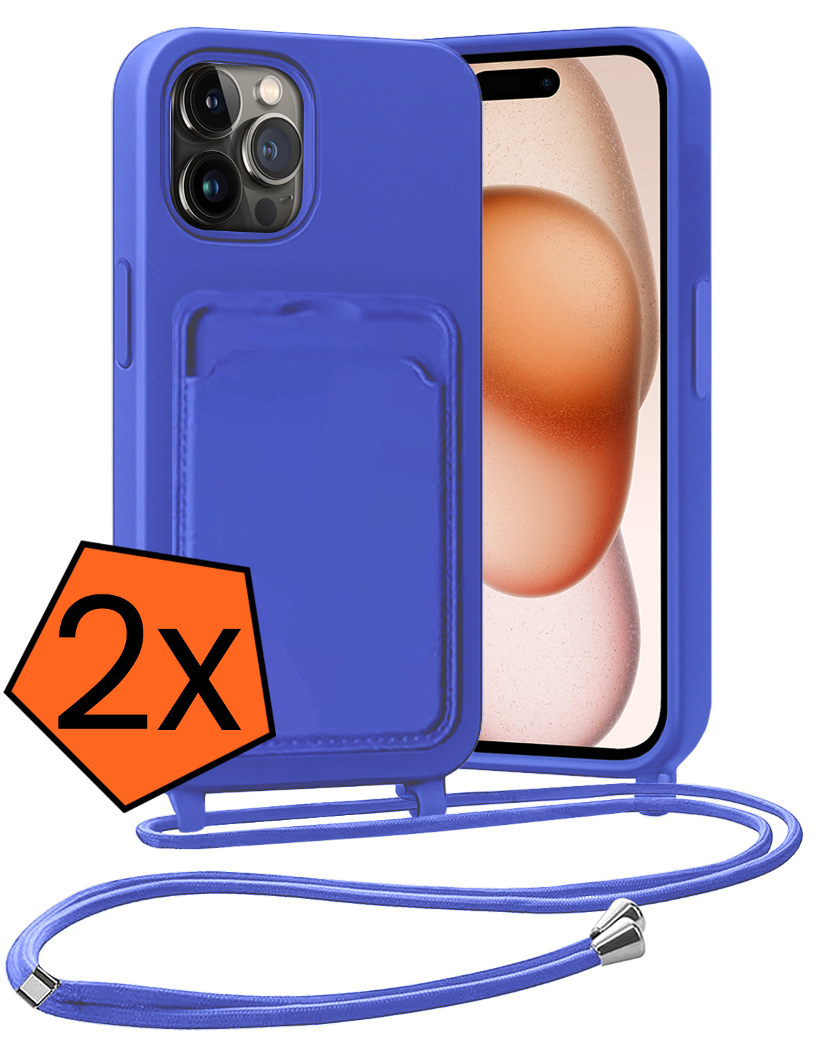 Nomfy Nomfy iPhone 15 Pro Hoesje Pashouder met Koord - Fel Blauw - 2 PACK