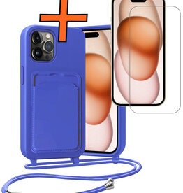 Nomfy Nomfy iPhone 15 Pro Hoesje Pashouder met Koord Met Screenprotector - Fel Blauw