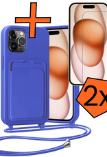 Nomfy Nomfy iPhone 15 Pro Hoesje Pashouder met Koord Met 2x Screenprotector - Fel Blauw