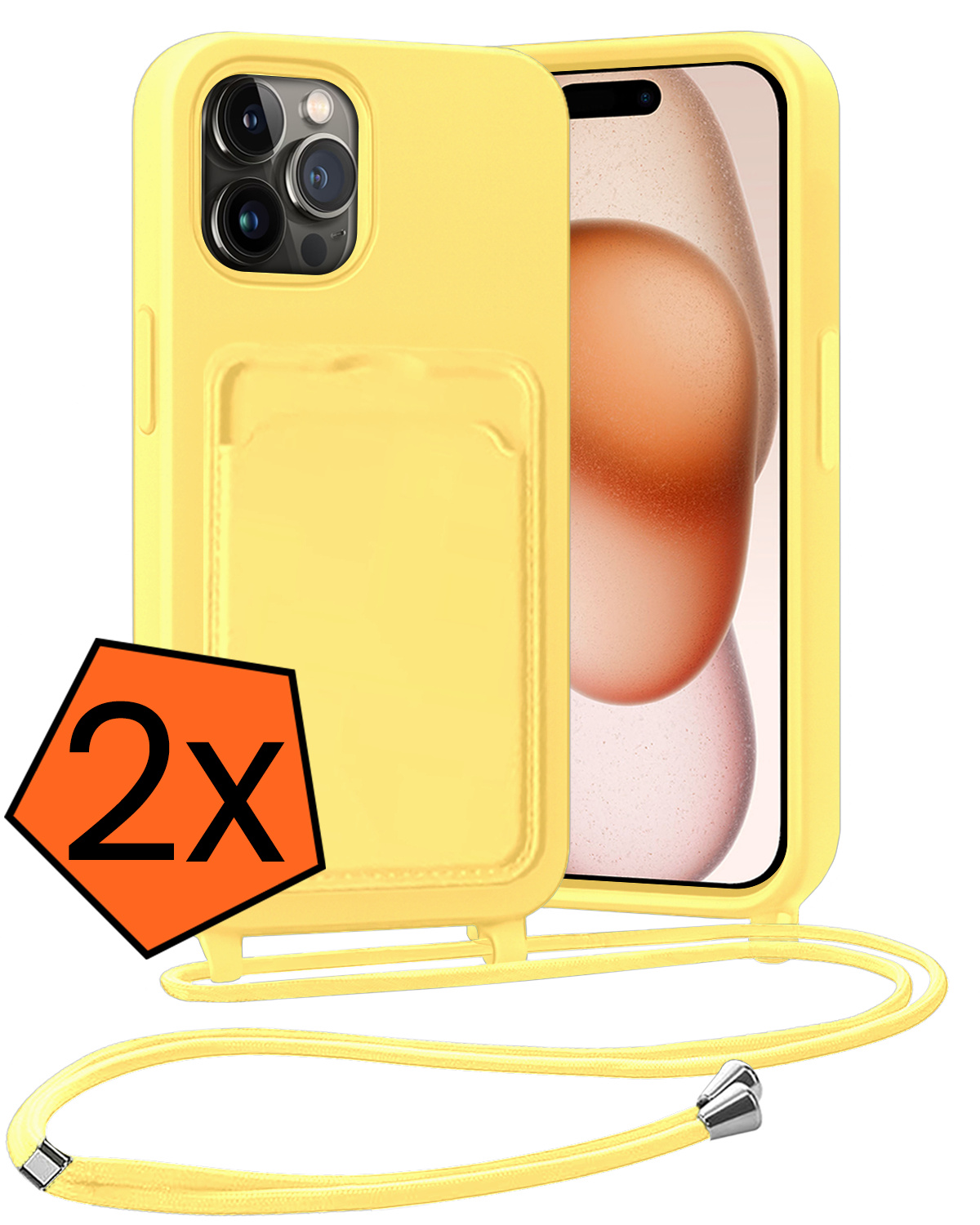 Nomfy Nomfy iPhone 15 Pro Hoesje Pashouder met Koord - Geel - 2 PACK