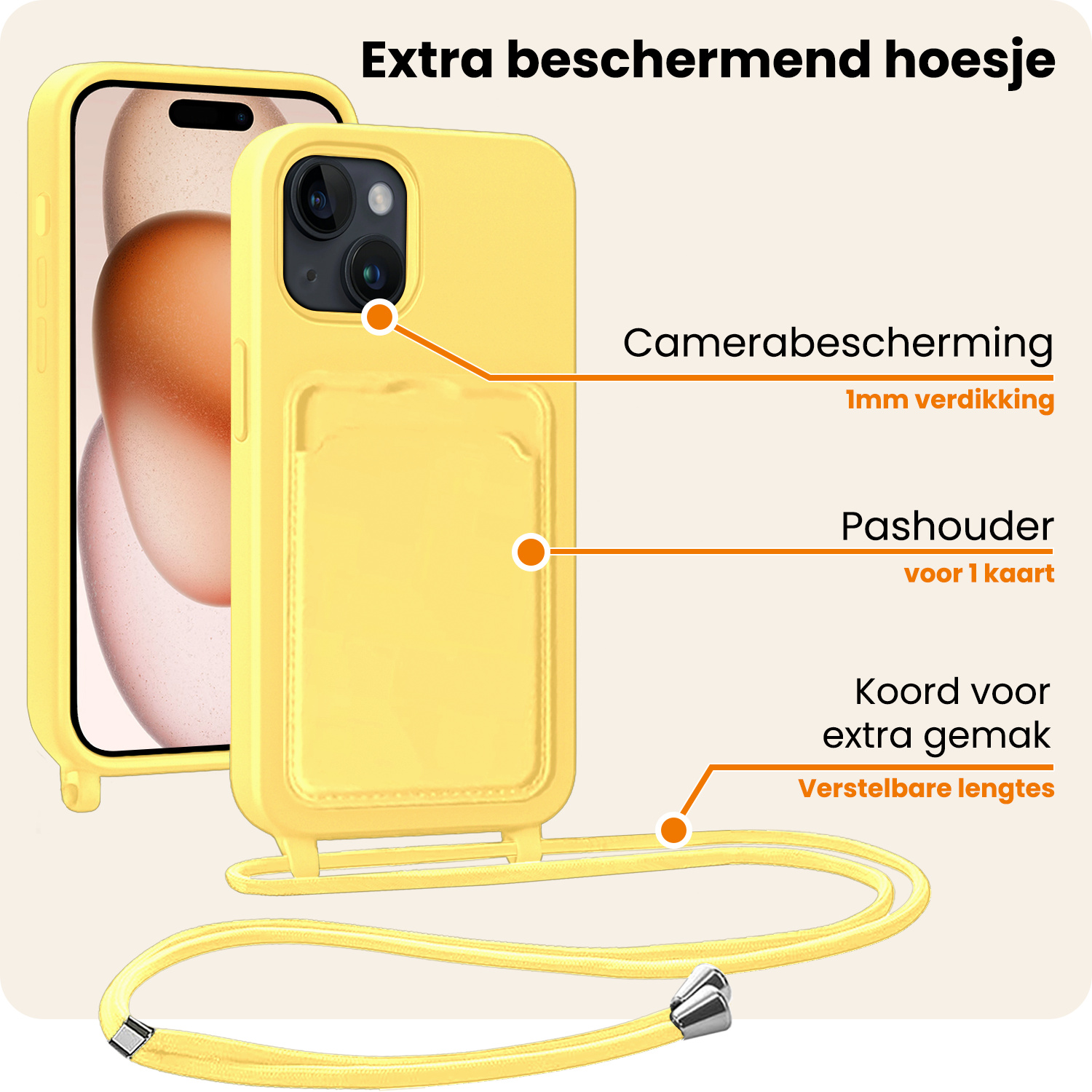 Nomfy Nomfy iPhone 15 Pro Hoesje Pashouder met Koord - Geel - 2 PACK