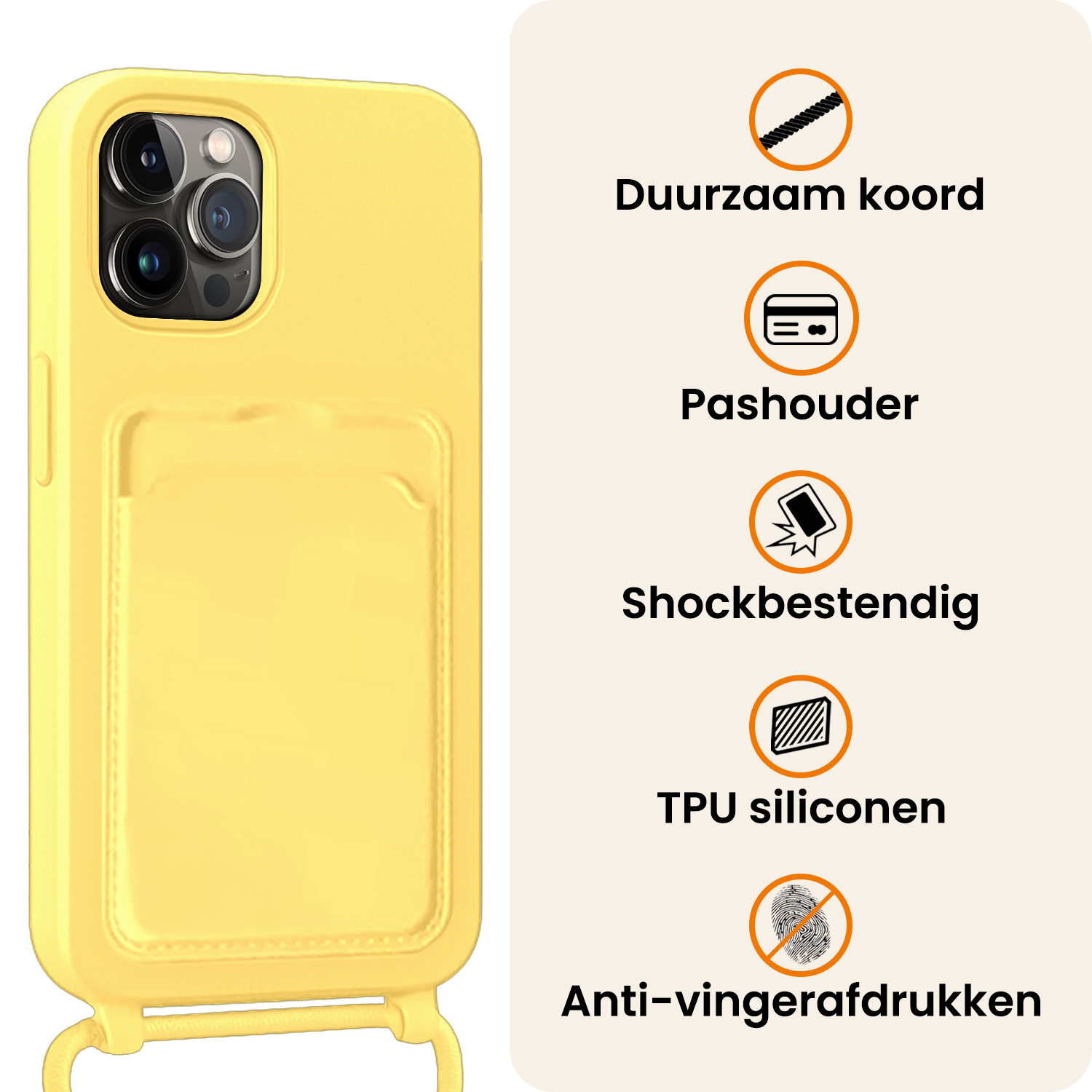 Nomfy Nomfy iPhone 15 Pro Hoesje Pashouder met Koord Met Screenprotector - Geel