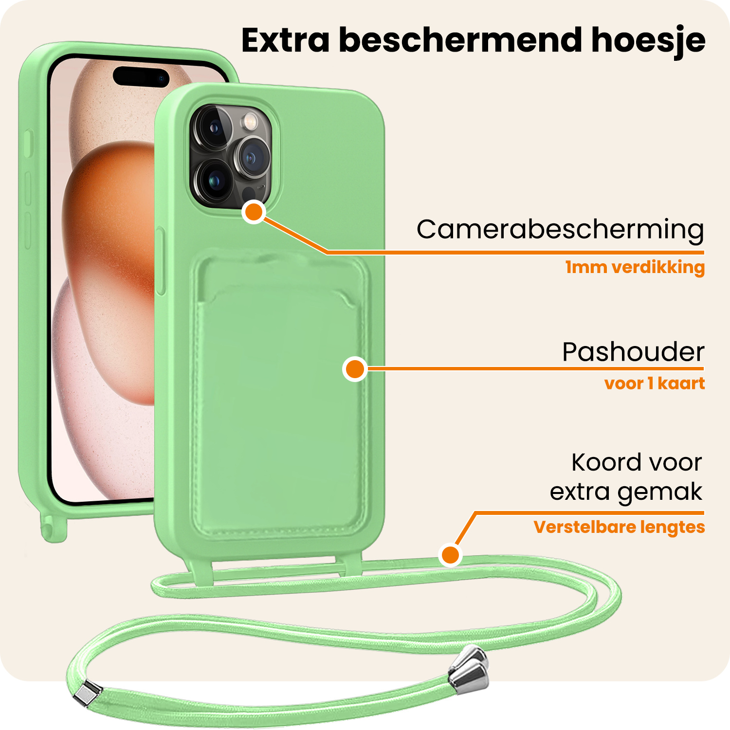 Nomfy Nomfy iPhone 15 Pro Hoesje Pashouder met Koord - Groen
