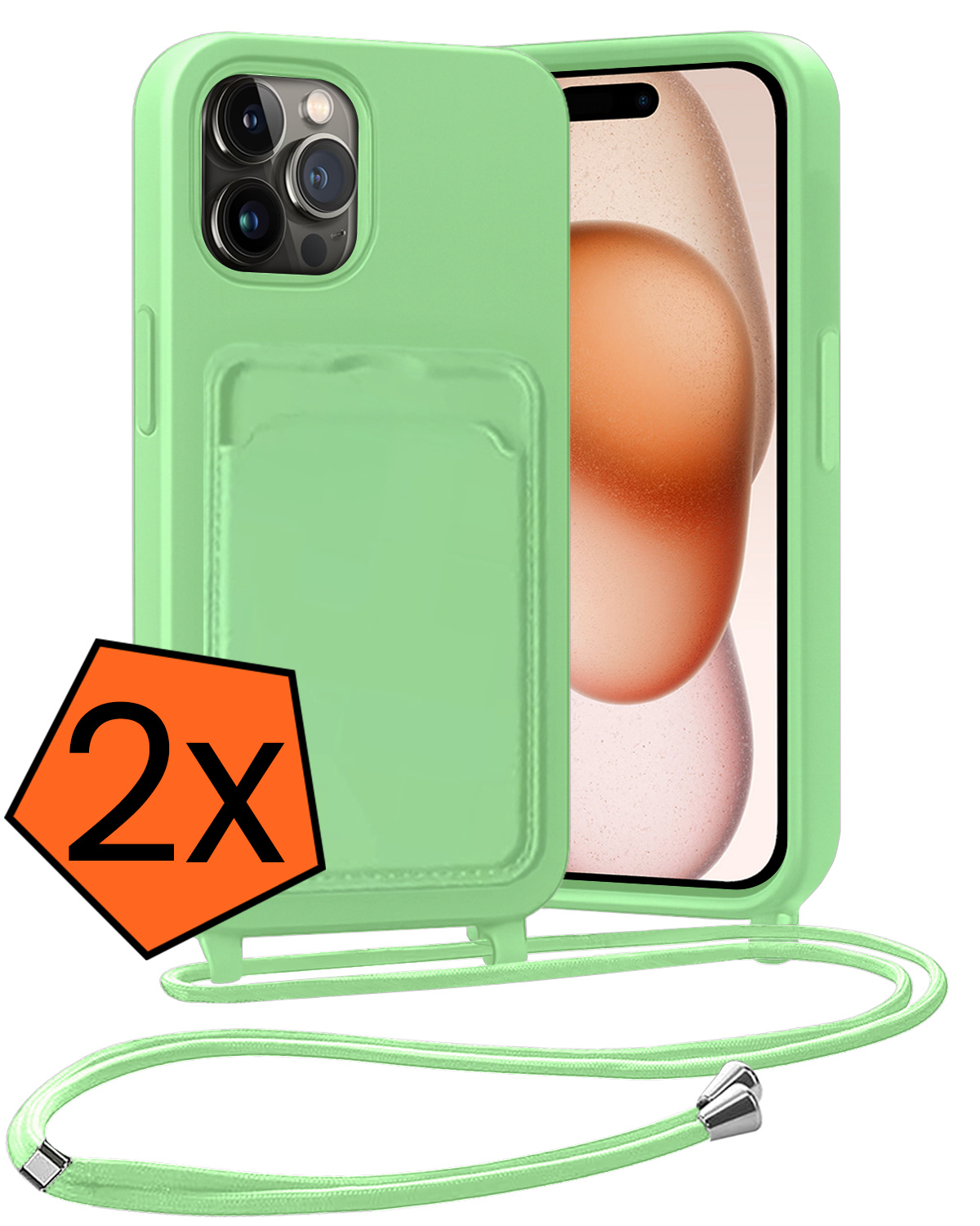 Nomfy Nomfy iPhone 15 Pro Hoesje Pashouder met Koord - Groen - 2 PACK