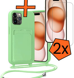 Nomfy Nomfy iPhone 15 Pro Hoesje Pashouder met Koord Met 2x Screenprotector - Groen