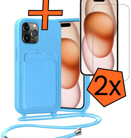 Nomfy Nomfy iPhone 15 Pro Hoesje Pashouder met Koord Met 2x Screenprotector - Lichtblauw