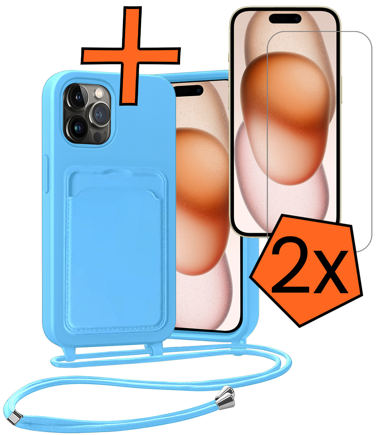 Nomfy Nomfy iPhone 15 Pro Hoesje Pashouder met Koord Met 2x Screenprotector - Lichtblauw