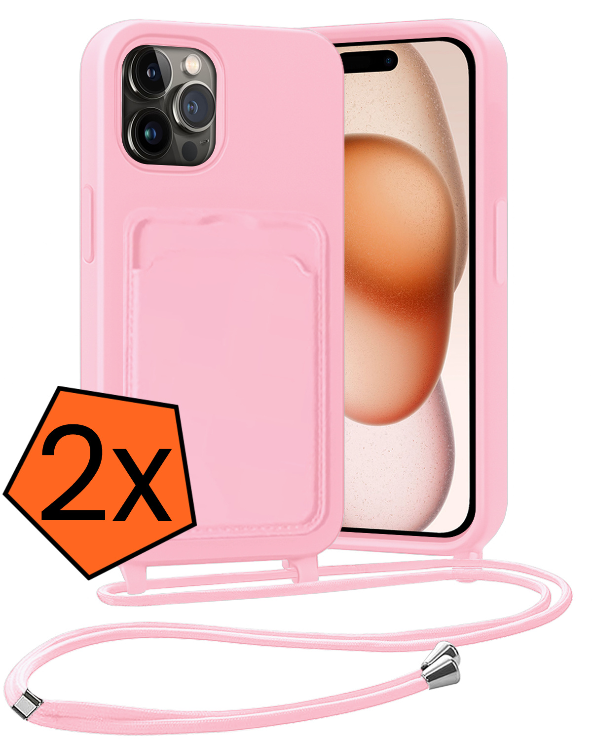 Nomfy Nomfy iPhone 15 Pro Hoesje Pashouder met Koord - Lichtroze - 2 PACK