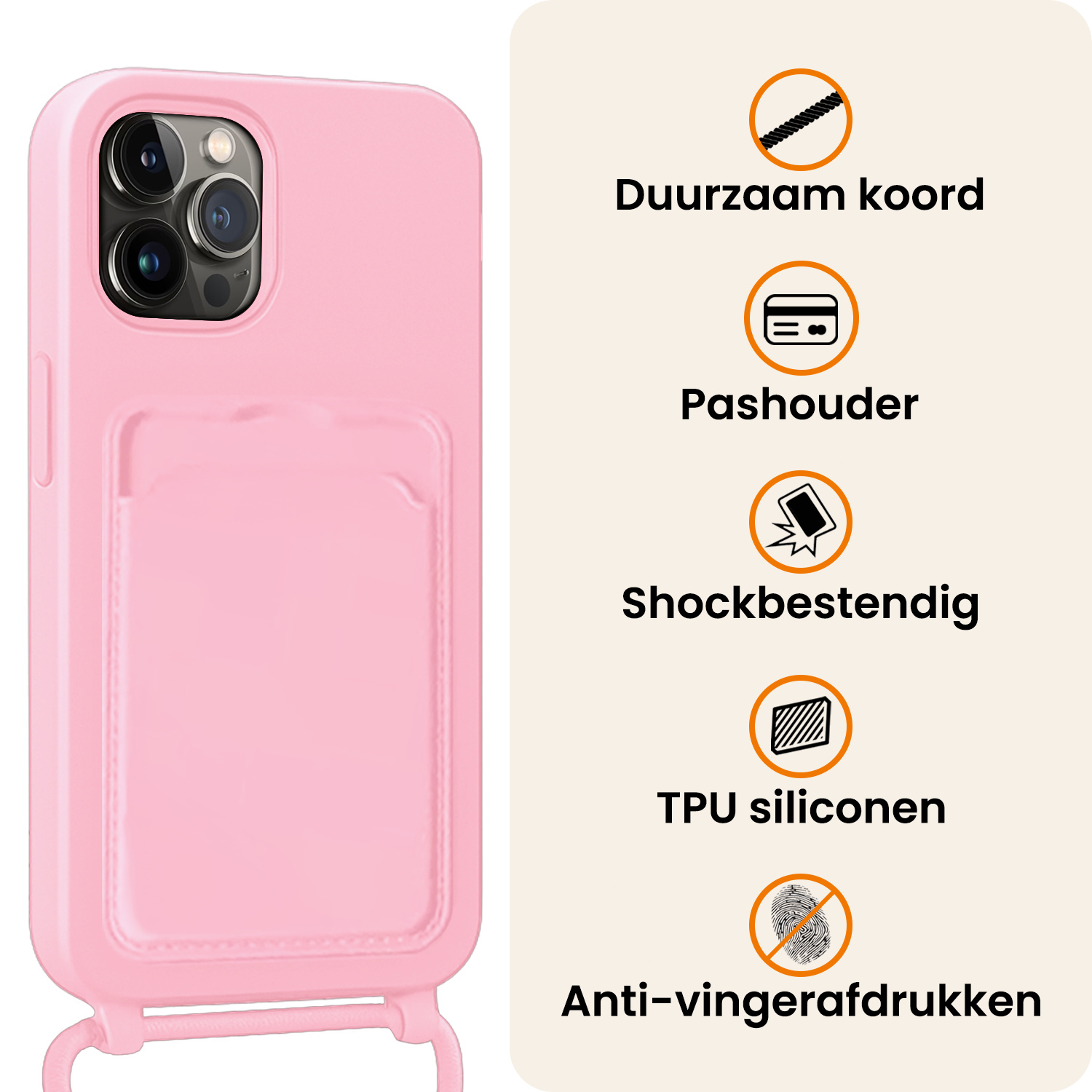 Nomfy Nomfy iPhone 15 Pro Hoesje Pashouder met Koord Met Screenprotector - Lichtroze