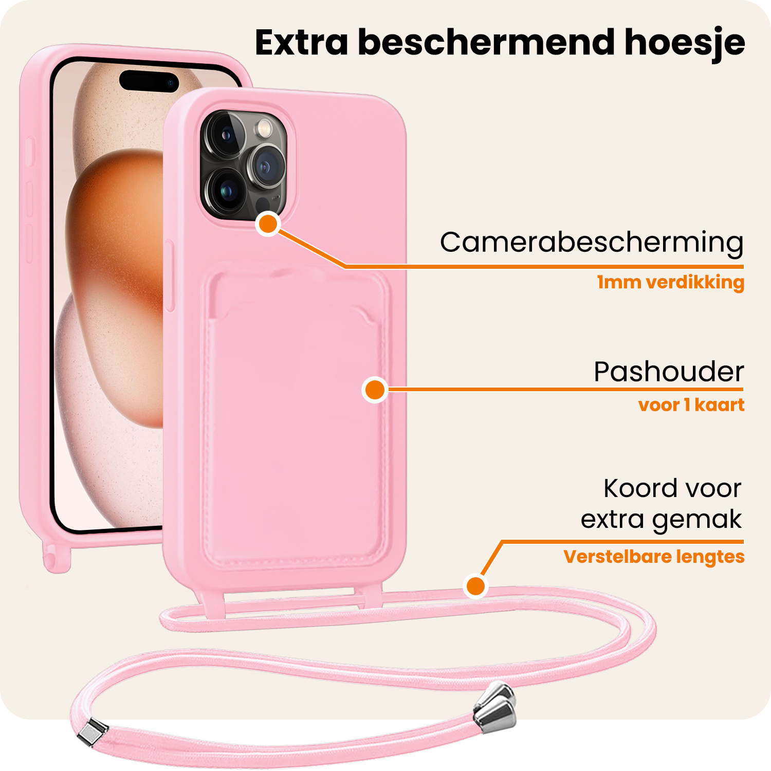 Nomfy Nomfy iPhone 15 Pro Hoesje Pashouder met Koord Met Screenprotector - Lichtroze