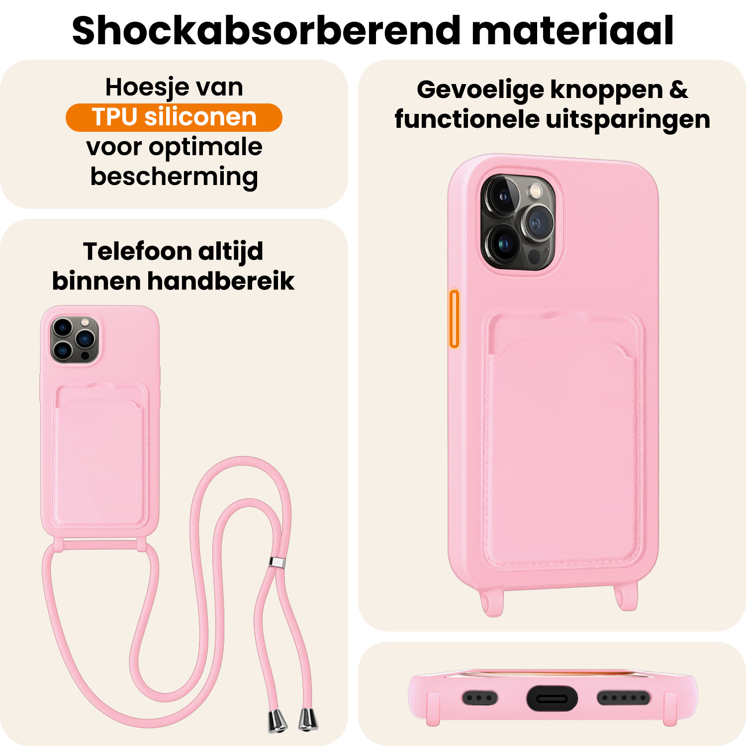 Nomfy Nomfy iPhone 15 Pro Hoesje Pashouder met Koord Met Screenprotector - Lichtroze