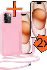 Nomfy Nomfy iPhone 15 Pro Hoesje Pashouder met Koord Met 2x Screenprotector - Lichtroze
