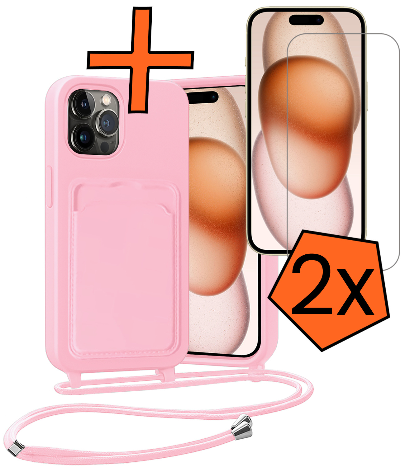 Nomfy Nomfy iPhone 15 Pro Hoesje Pashouder met Koord Met 2x Screenprotector - Lichtroze