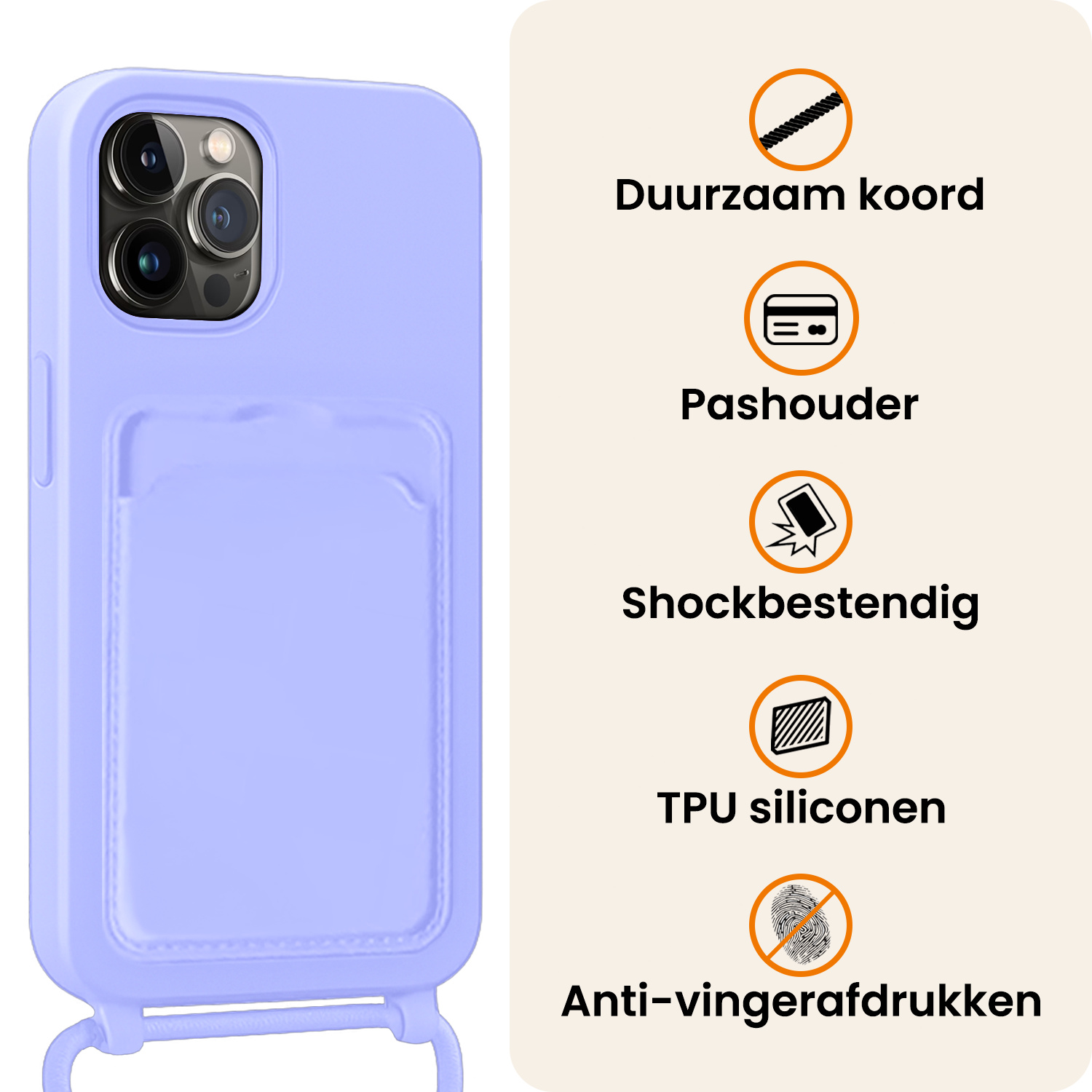 Nomfy Nomfy iPhone 15 Pro Hoesje Pashouder met Koord Met 2x Screenprotector - Lila