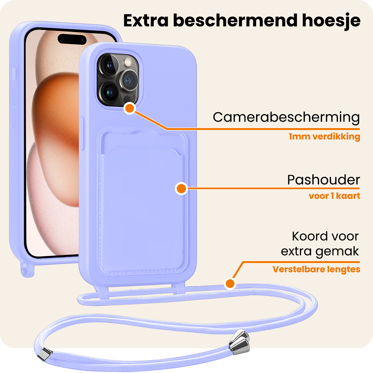 Nomfy Nomfy iPhone 15 Pro Hoesje Pashouder met Koord Met 2x Screenprotector - Lila