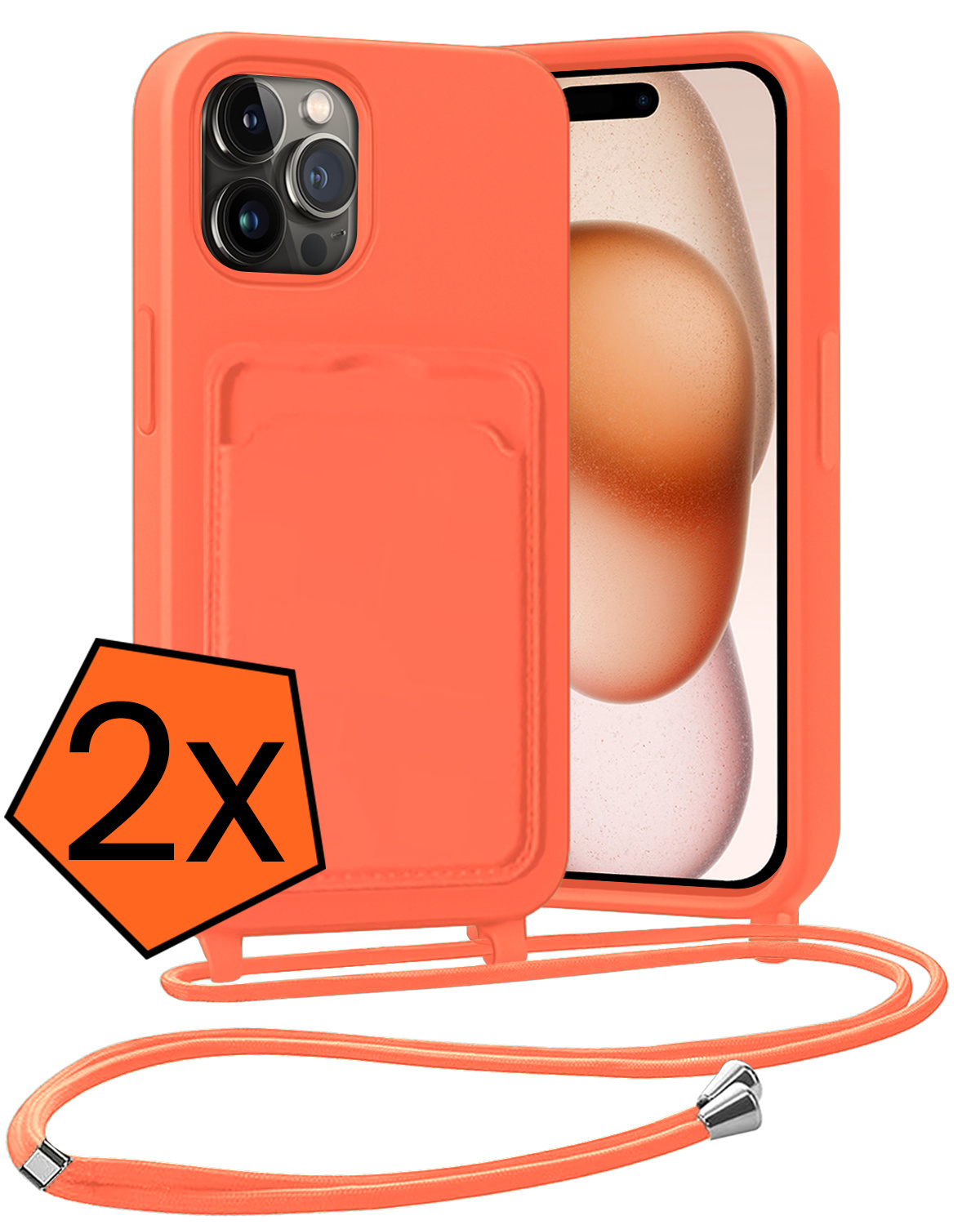 Nomfy Nomfy iPhone 15 Pro Hoesje Pashouder met Koord - Papaya - 2 PACK