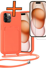 Nomfy Nomfy iPhone 15 Pro Hoesje Pashouder met Koord Met Screenprotector - Papaya