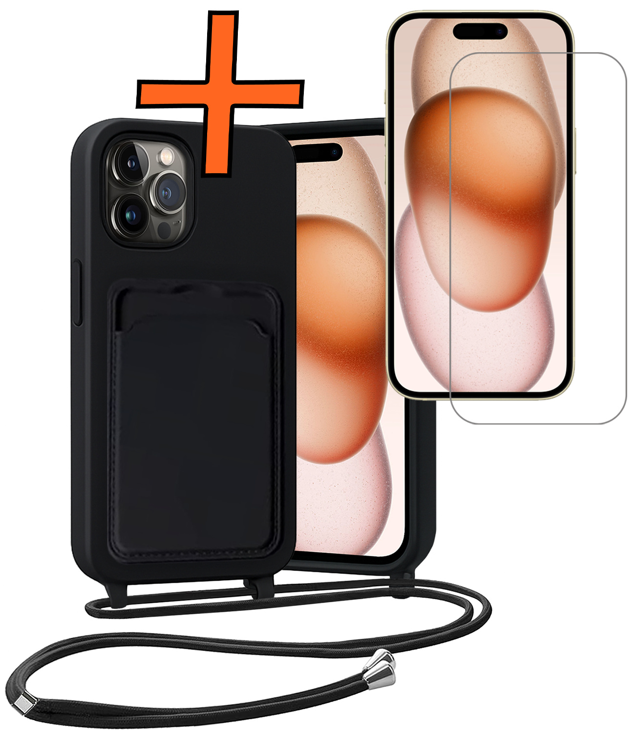 Nomfy Nomfy iPhone 15 Pro Hoesje Pashouder met Koord Met Screenprotector - Zwart