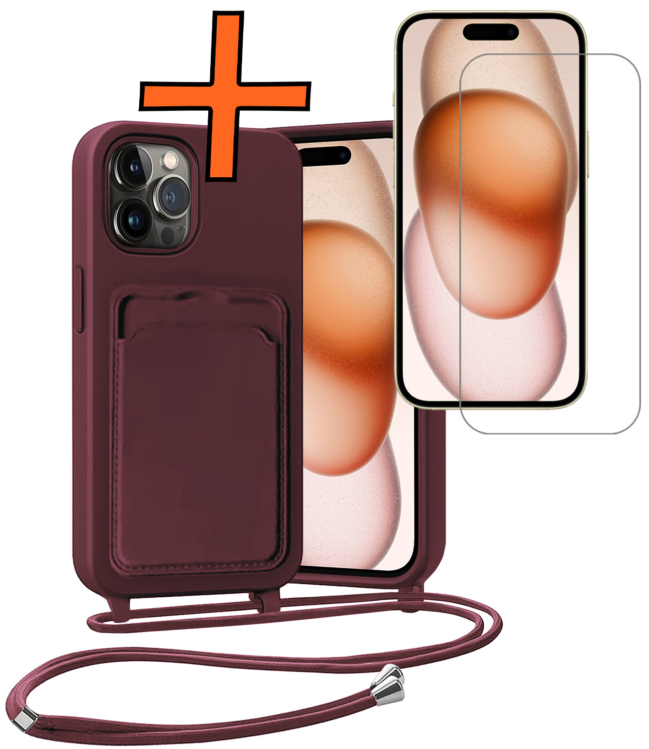 Nomfy Nomfy iPhone 15 Pro Max Hoesje Pashouder met Koord Met Screenprotector - Aubergine