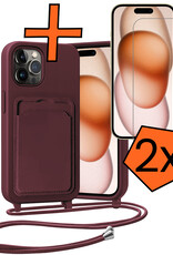 Nomfy Nomfy iPhone 15 Pro Max Hoesje Pashouder met Koord Met 2x Screenprotector - Aubergine