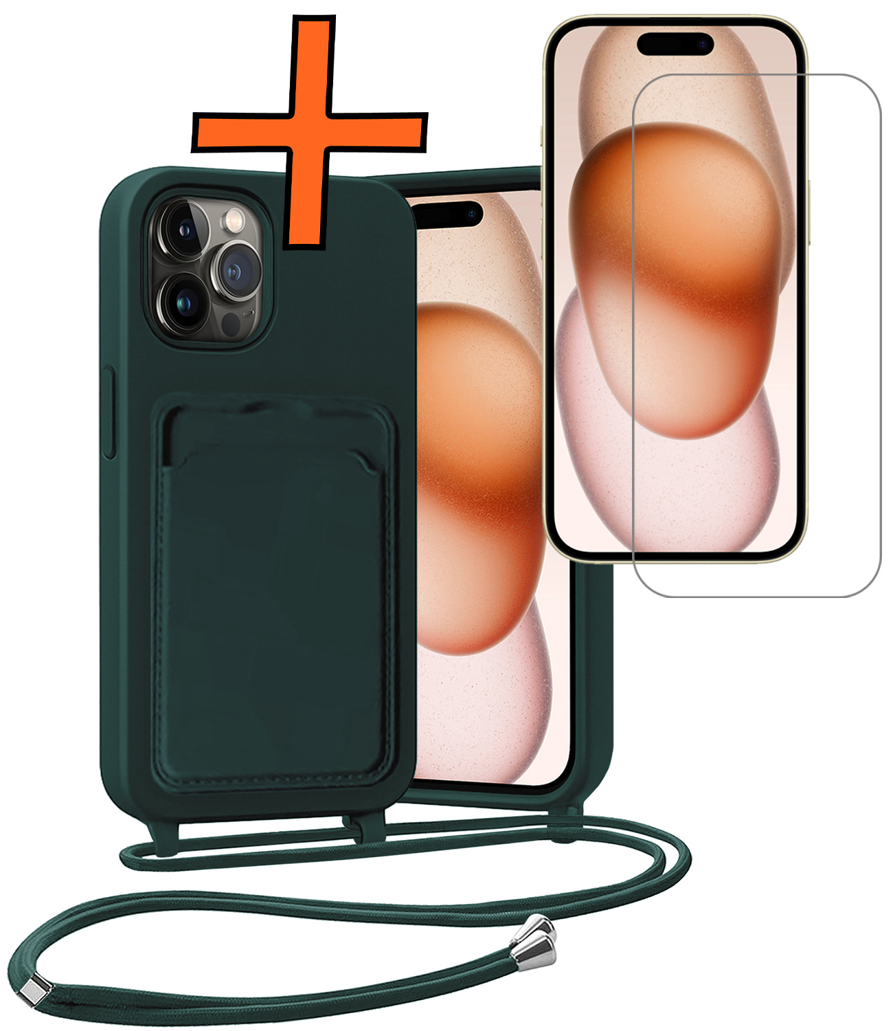 Nomfy Nomfy iPhone 15 Pro Max Hoesje Pashouder met Koord Met Screenprotector - Donkergroen