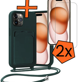 Nomfy Nomfy iPhone 15 Pro Max Hoesje Pashouder met Koord Met 2x Screenprotector - Donkergroen