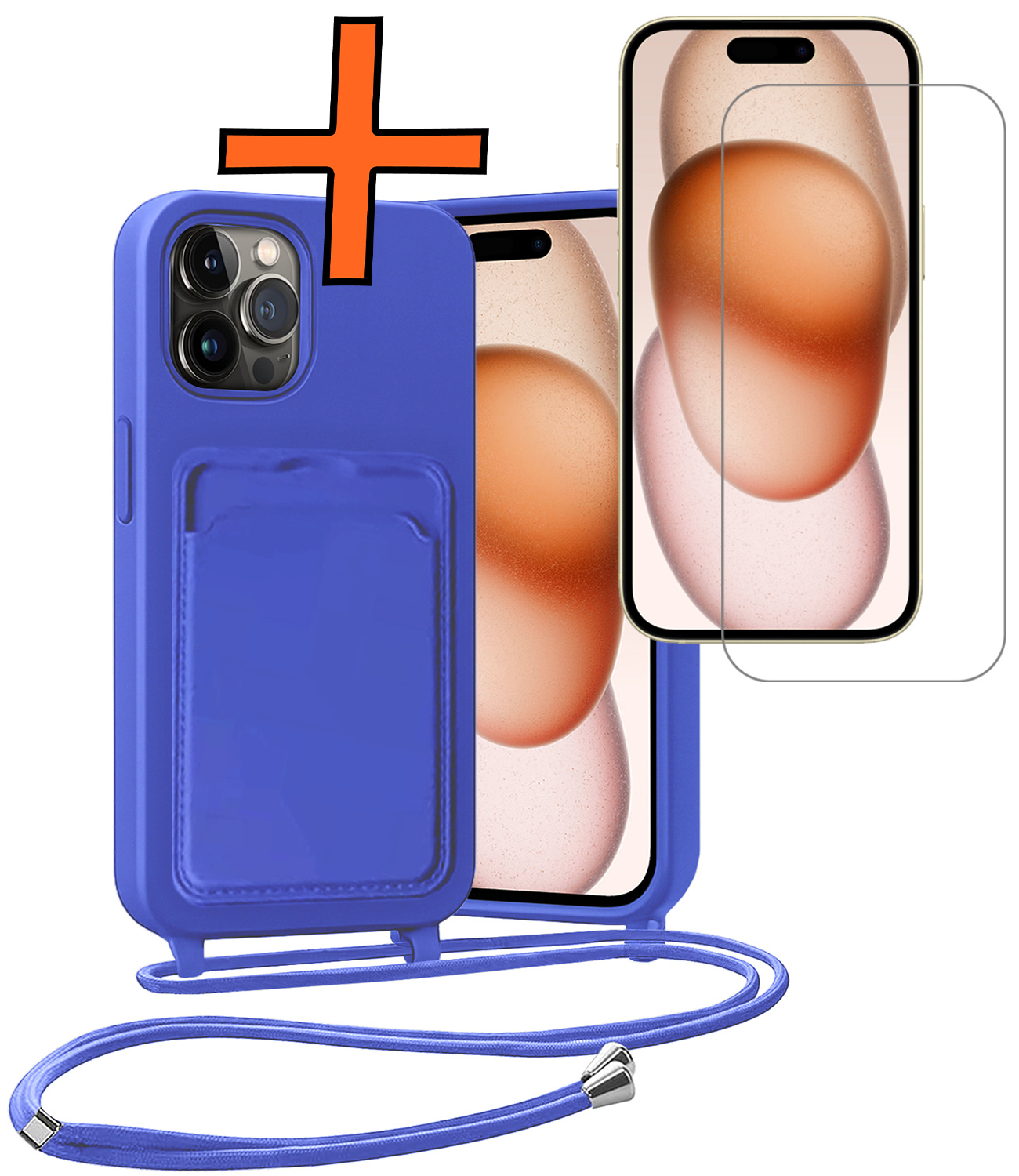 Nomfy Nomfy iPhone 15 Pro Max Hoesje Pashouder met Koord Met Screenprotector - Fel Blauw