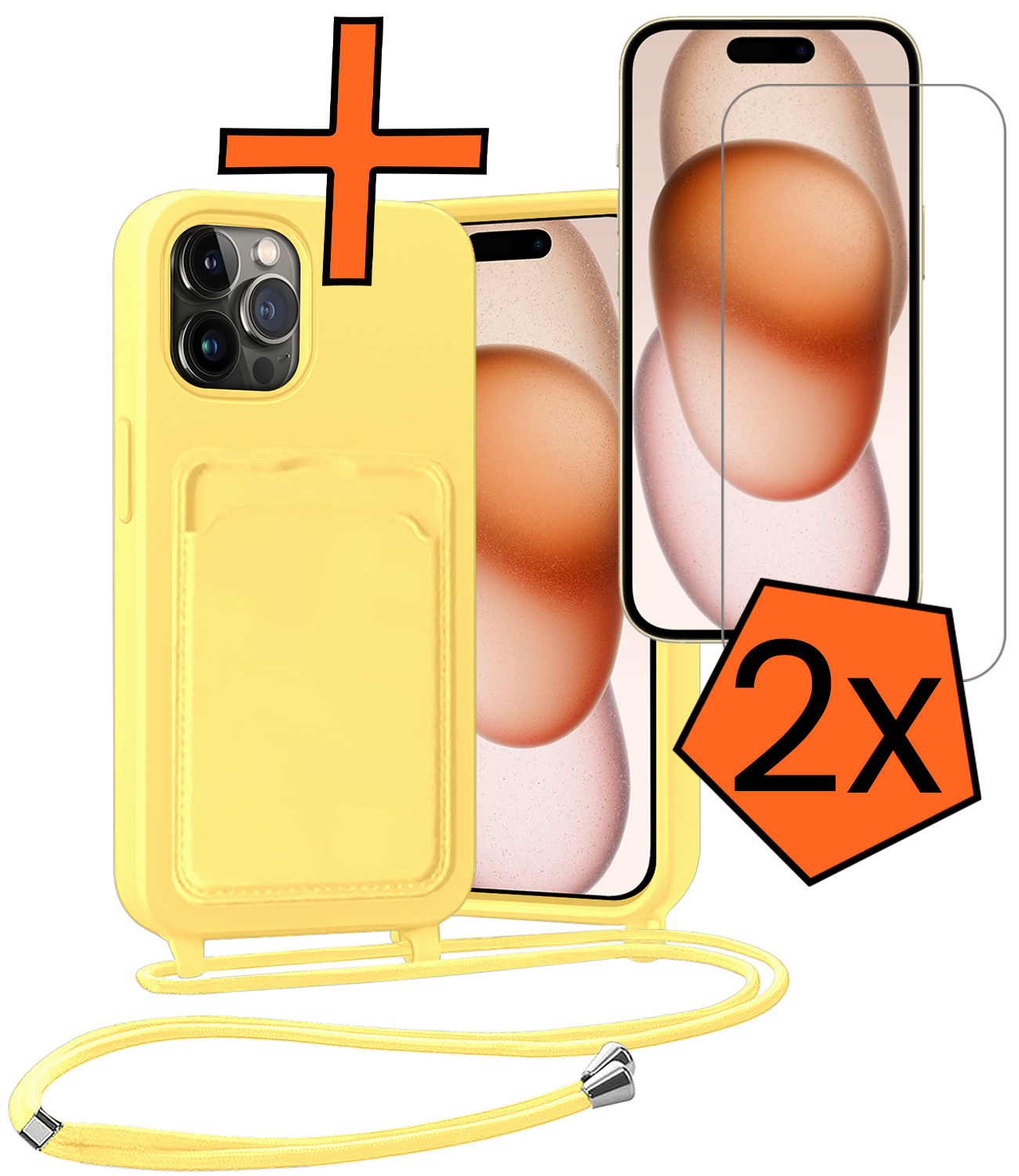 Nomfy Nomfy iPhone 15 Pro Max Hoesje Pashouder met Koord Met 2x Screenprotector - Geel