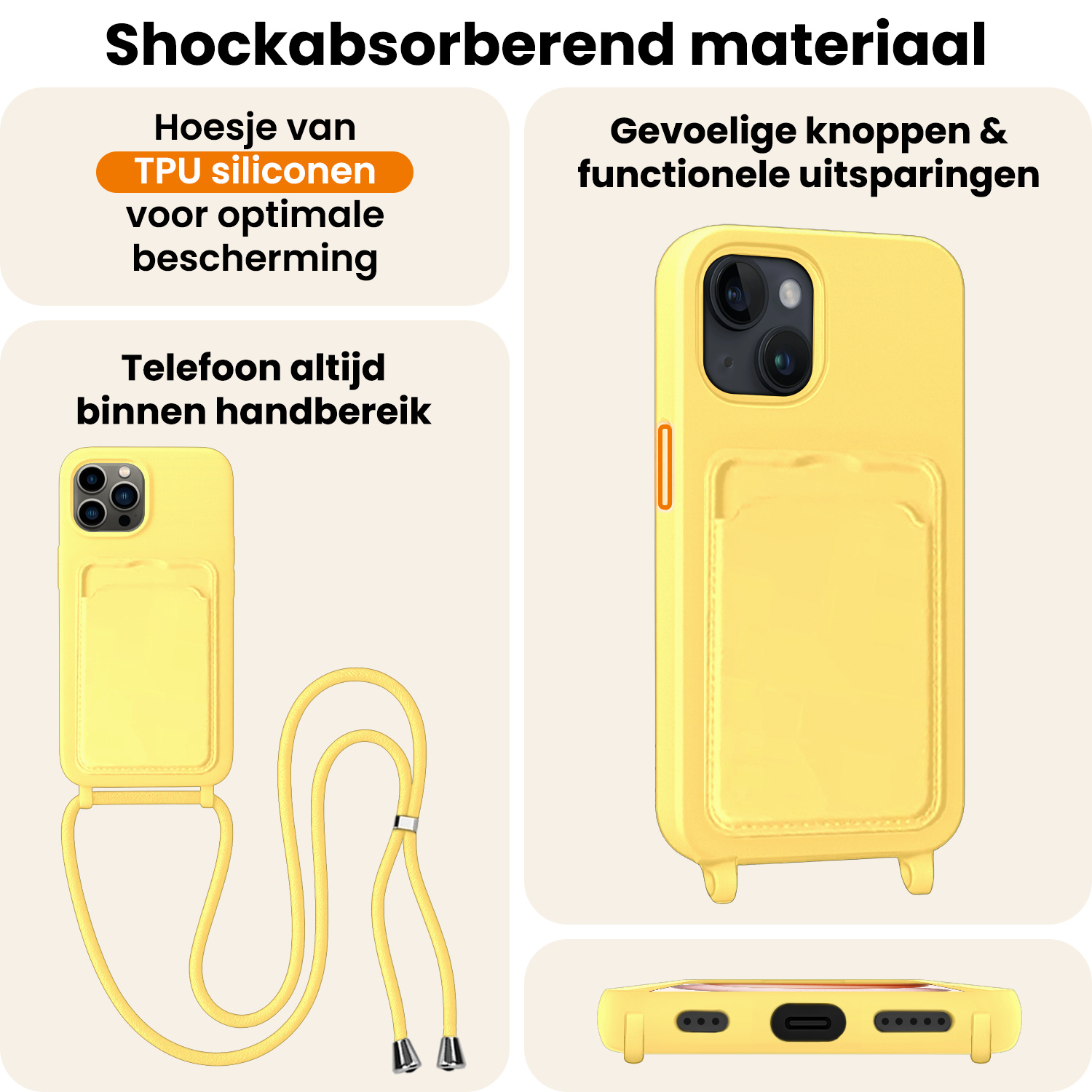 Nomfy Nomfy iPhone 15 Pro Max Hoesje Pashouder met Koord Met 2x Screenprotector - Geel
