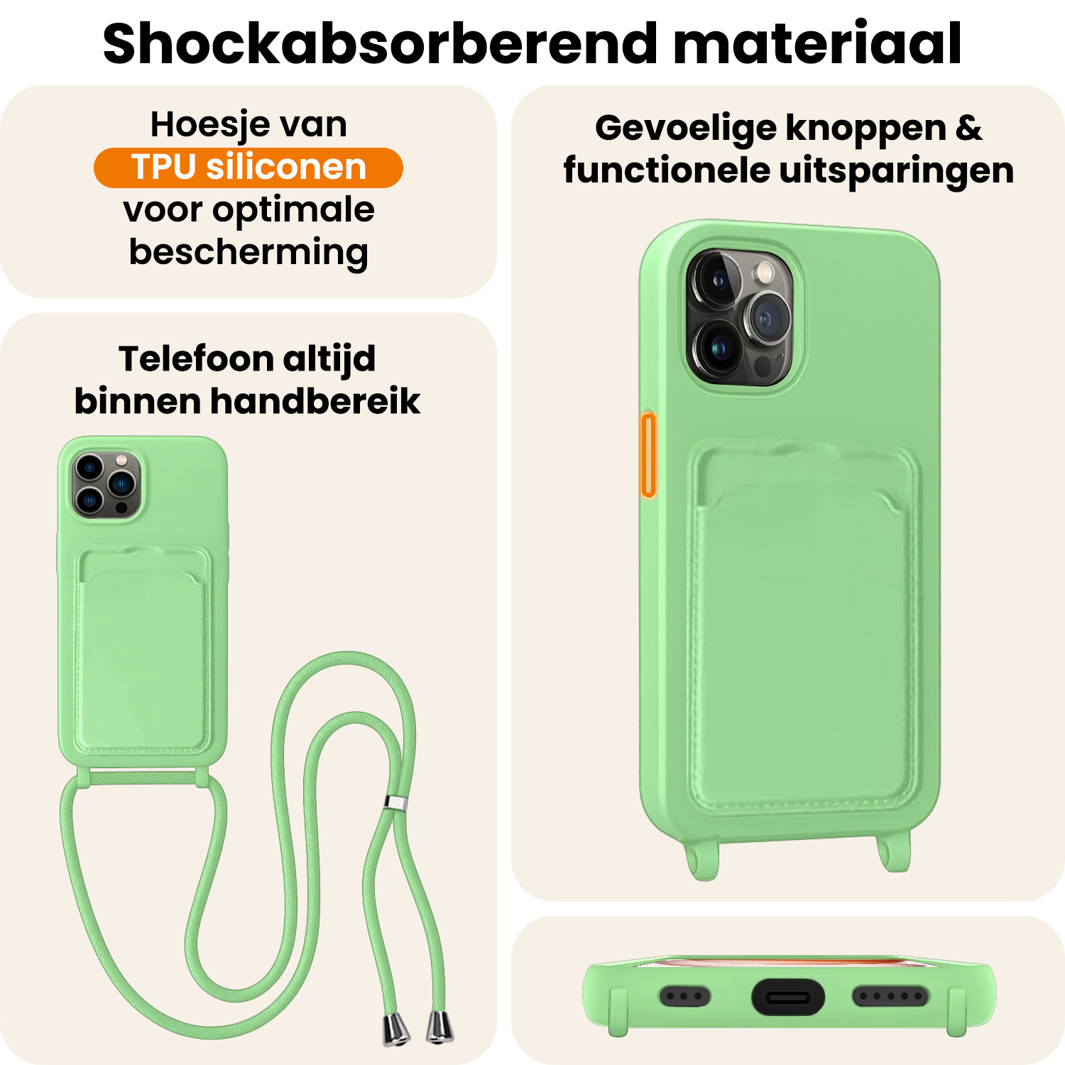 Nomfy Nomfy iPhone 15 Pro Max Hoesje Pashouder met Koord - Groen - 2 PACK