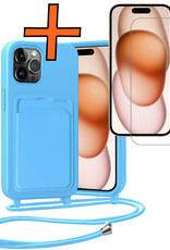 Nomfy Nomfy iPhone 15 Pro Max Hoesje Pashouder met Koord Met Screenprotector - Lichtblauw