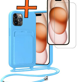 Nomfy Nomfy iPhone 15 Pro Max Hoesje Pashouder met Koord Met Screenprotector - Lichtblauw