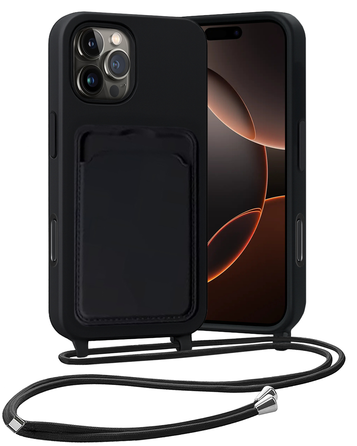 Nomfy Nomfy iPhone 15 Pro Max Hoesje Pashouder met Koord Met Screenprotector - Lichtroze