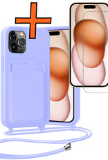 Nomfy Nomfy iPhone 15 Pro Max Hoesje Pashouder met Koord Met Screenprotector - Lila